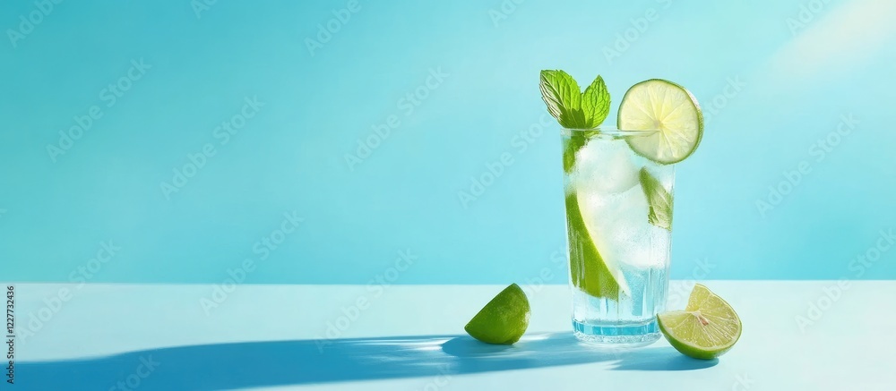 Poster refreshing glass of ice lemonade with lime and mint on summer day with empty space for text or promo