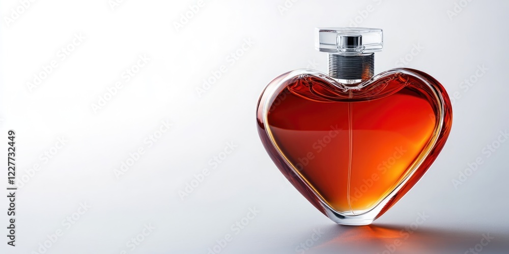 Poster elegant heart shaped perfume bottle showcasing light reflections on a white background with ample em
