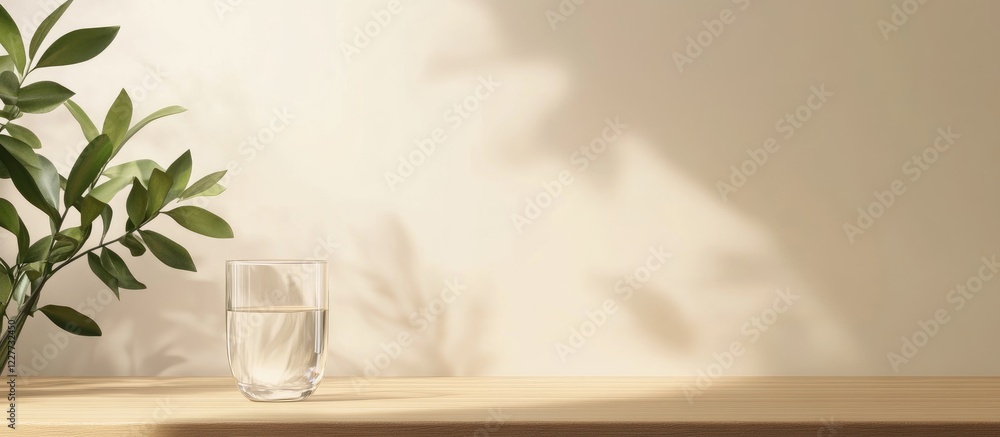 Poster glass of water on minimalist desk with green plant creating soft shadows and ample copy space for te