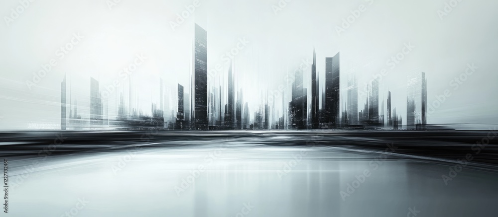 Aufkleber futuristic city skyline with blurred outlines and abstract design featuring ample negative space for