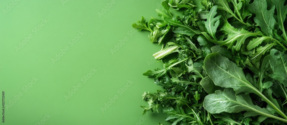 Aufkleber fresh arugula and helminthostachys speciosa salad on green background with empty space for text nutr