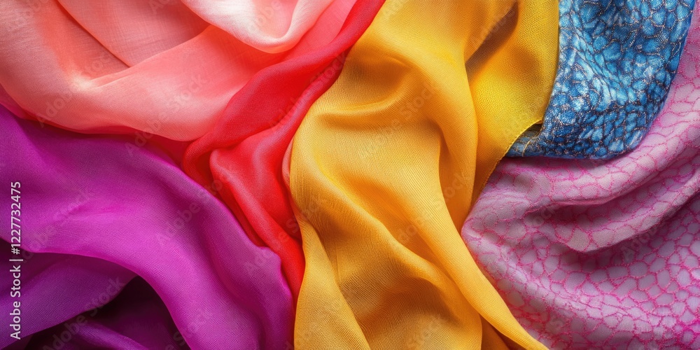 Poster vibrant textiles in elegant hues showcasing texture and color with ample copy space for branding or 