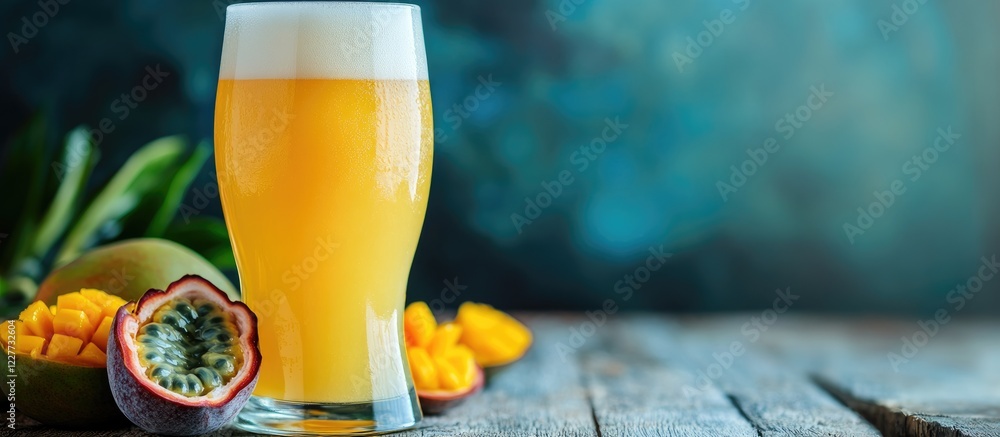 Poster light beer in a glass beside fresh mango and passion fruits on a rustic wooden table with space for 