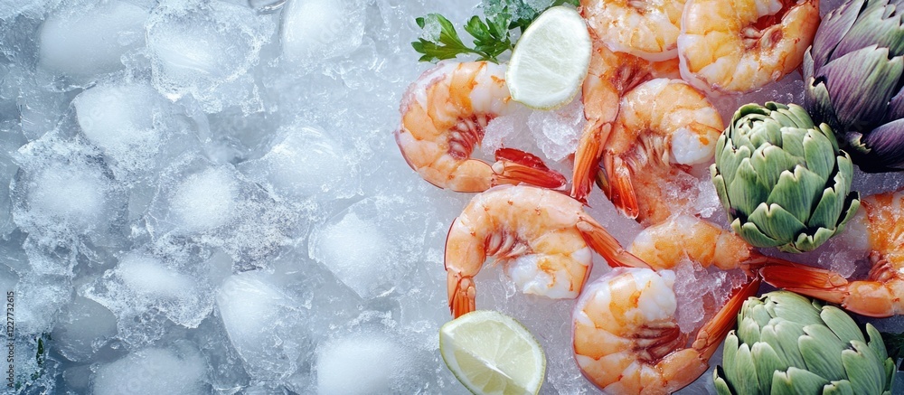 Poster frozen and fresh shrimp raw cooked varieties fish fillet and whole artichokes on ice with empty spac