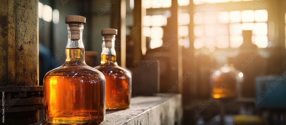Poster glen flagon bottles filled with amber liquor in a distillery setting with warm lighting and empty co