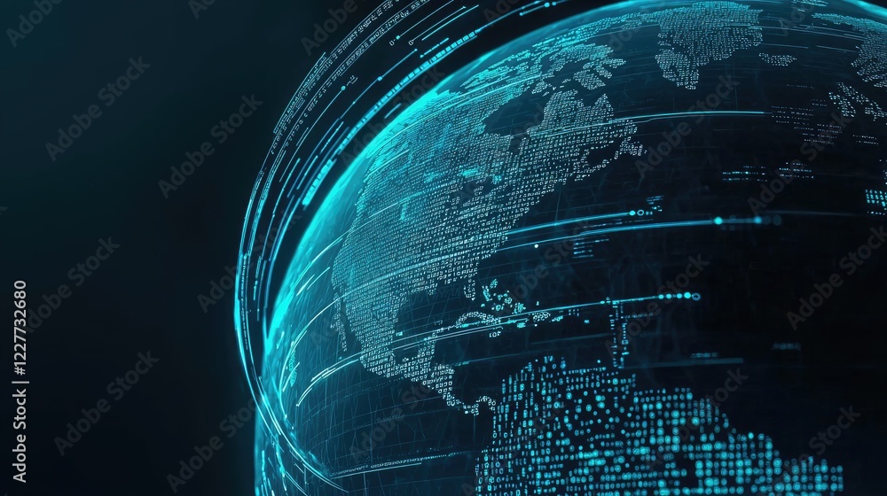 Poster a digital representation of earth, showcasing interconnected data streams and glowing outlines of co