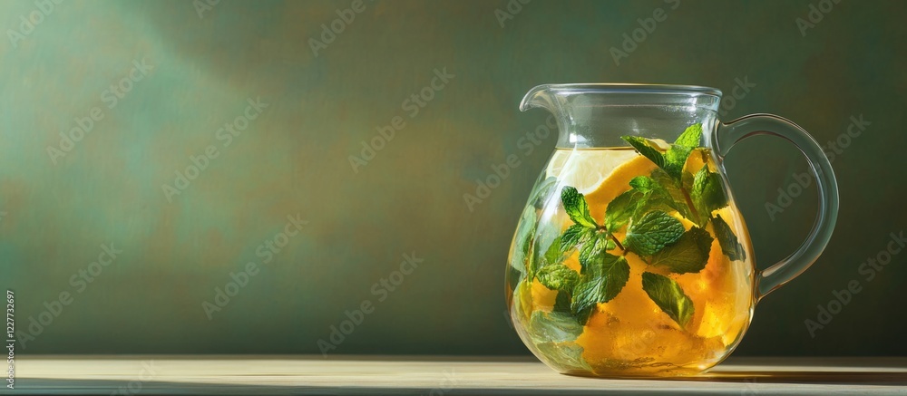Poster refreshing glass pitcher of iced lemon mint tea on a bright background with ample empty space for cr