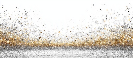 Shimmering gold and silver confetti burst on a white background ideal for celebrations or special events with space for text overlay