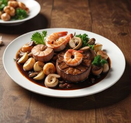 Fototapeta premium Pan-seared beef steak served with succulent shrimp and mushrooms in a rich demiglace sauce , shrimp and mushrooms, high end cuisine