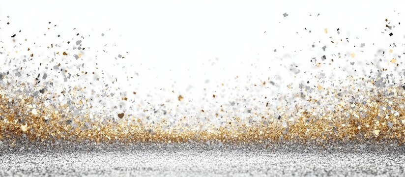 Shimmering gold and silver confetti burst on a white background ideal for celebrations or special events with space for text overlay