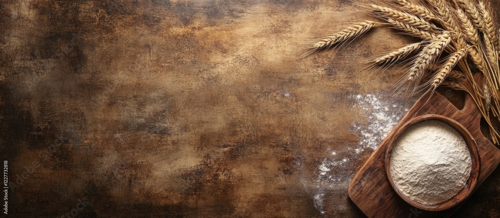 Poster wheat flour and ears of wheat arranged on a rustic wooden table with empty space for culinary recipe