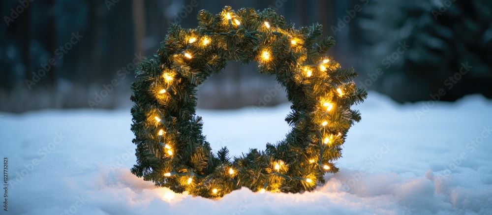 Poster christmas wreath illuminated with fairy lights surrounded by snow creating a serene winter scene wit