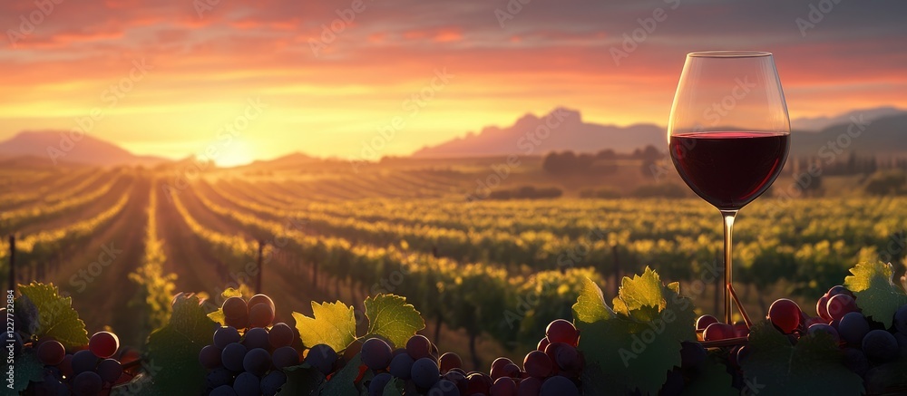 Poster red wine glass in vineyard at sunset with lush grapevines and empty space for text creating a serene