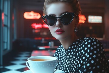 A stylish 1950s woman in a polka-dot dress and cat-eye sunglasses, sipping tea in a retro diner...