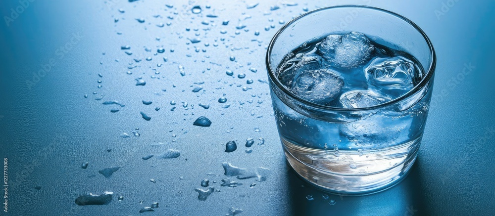 Poster refreshing glass of water with ice on a blue table with droplets and ample copy space for text or br