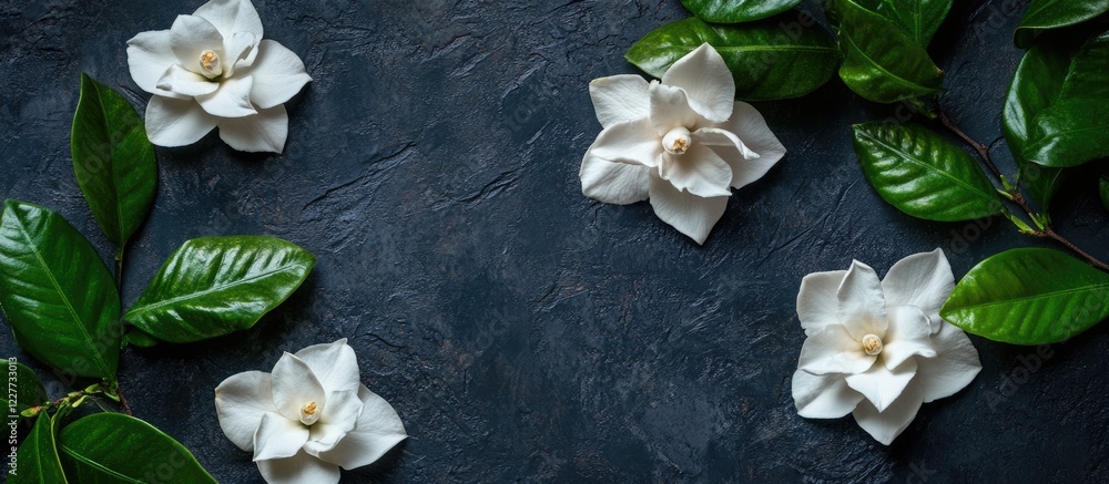 Poster gardenia flowers and leaves flat lay on dark background with copy space for text or design use