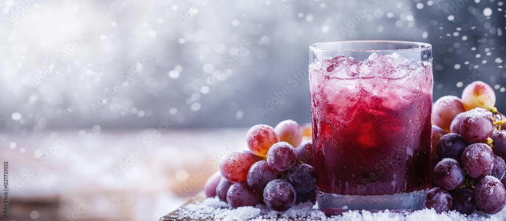 Poster chilled grape juice in glass with crushed ice on snowy table surrounded by grapes and ample space fo