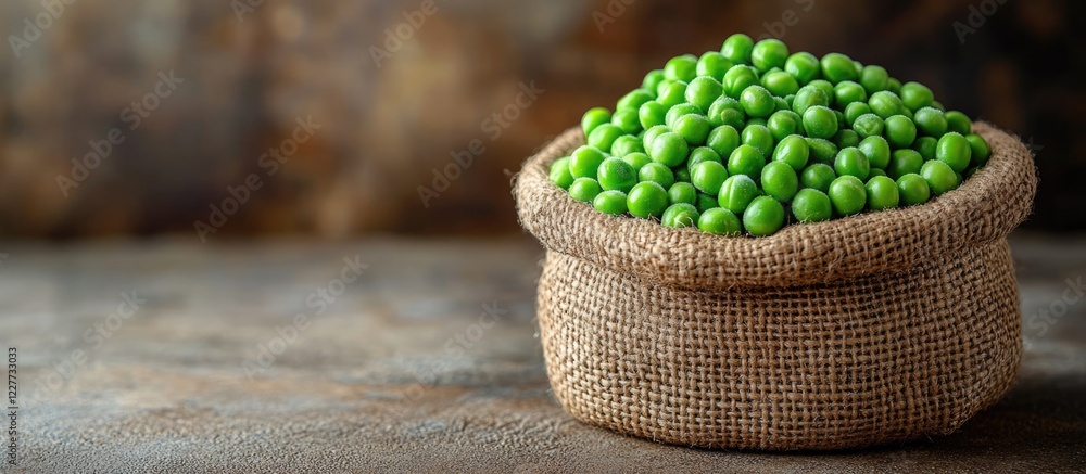 Poster fresh green peas in a burlap sack on rustic wooden table with ample space for text or branding in a 