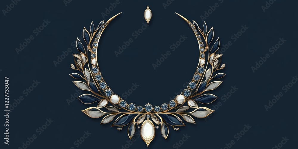 Poster elegant crescent moon and leaf emblem with decorative gems and blank space for custom text and brand