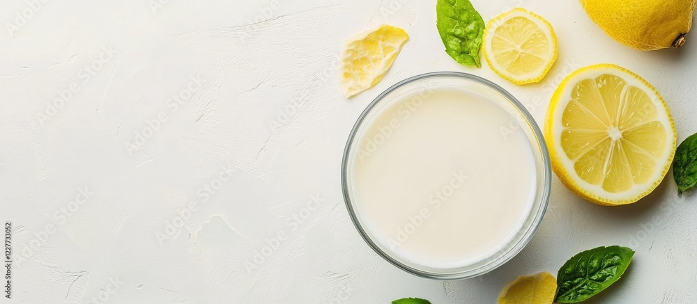 Poster fresh glass of milk with lemon slices on a white table providing ample empty space for text or brand