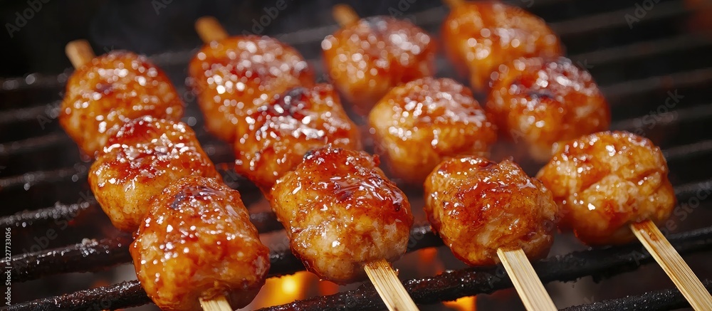 Poster grilled glazed meat skewers on a barbecue with sesame seeds and smoky background featuring empty spa