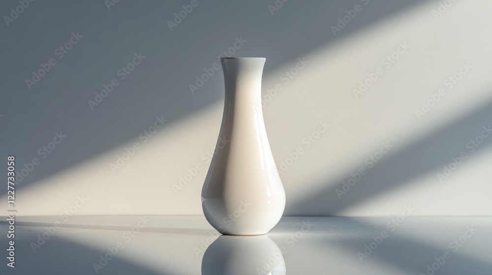 Poster elegant white vase with smooth curves and soft shadows on a reflective surface, creating a minimalis
