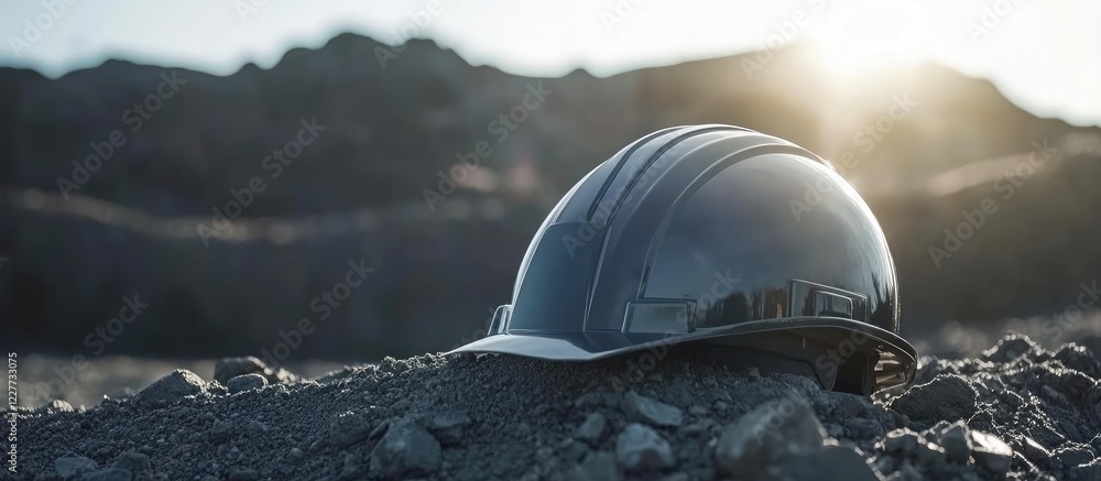 Poster engineer safety helmet on ground at construction site with sunlight and empty space for customized t