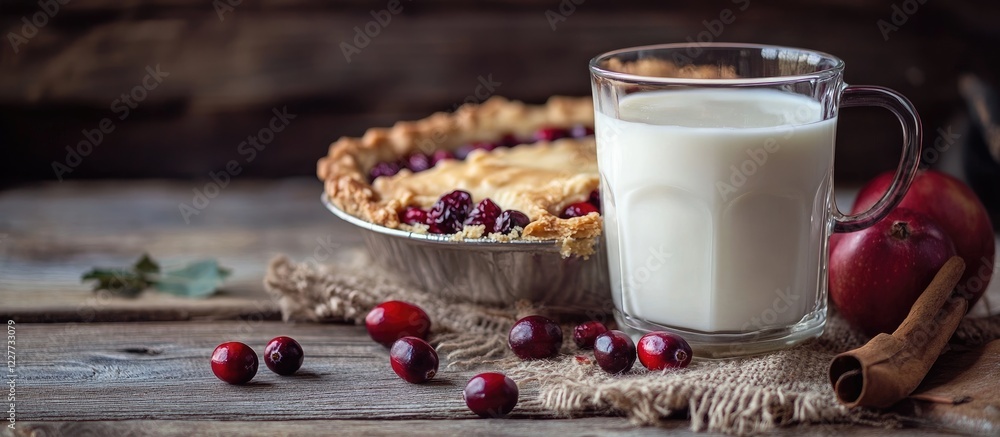 Poster cozy rustic scene featuring a glass of milk alongside a flaky cranberry apple pie with empty space f