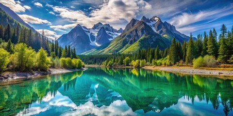 Fototapeta premium Majestic peaks reflect in a turquoise river; a wilderness photographer's dream.