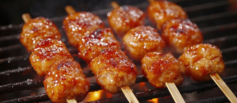 Grilled glazed meat skewers on a barbecue with sesame seeds and smoky background featuring empty space for text or branding.