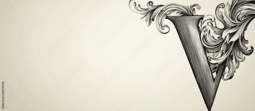 Poster elegant engraved letter v in ornate calligraphy design with ample empty space for personalized text 