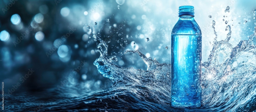 Poster fresh and invigorating water splash with transparent glass bottle and clear water with empty copy sp