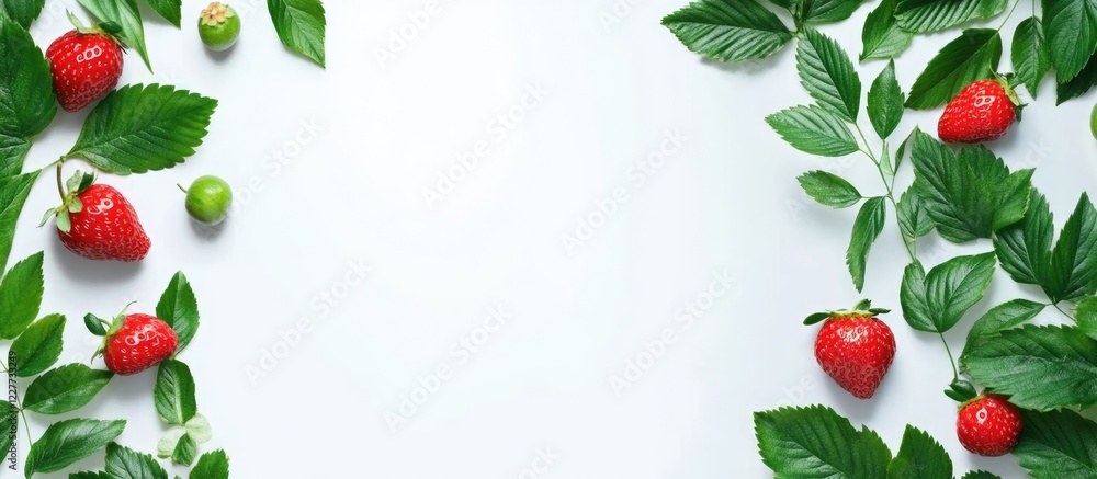 Poster fresh strawberries and green leaves on a white background top view flat lay with ample copy space fo