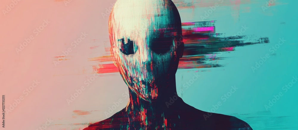 Poster glitch art creepypasta character with distorted features and empty space for customizable text or me
