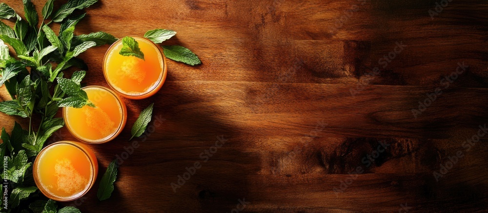 Poster fresh orange juice with mint leaves in glasses on a rustic wooden background with ample space for te