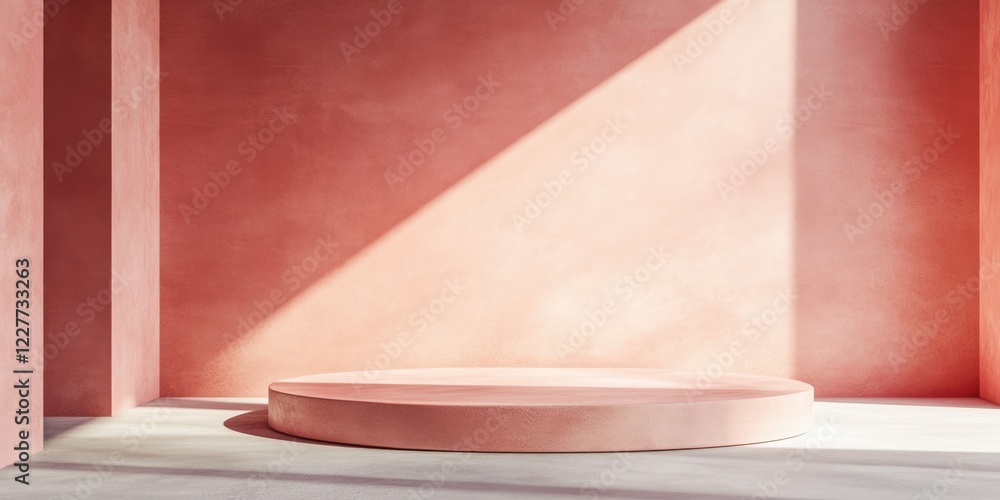 Aufkleber minimalist pink interior with circular platform for display and ample copy space illuminated by natu