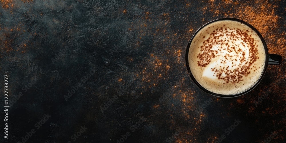Poster Elegant latte macchiato in a black cup with coffee art on a textured dark surface featuring ample empty space for text or branding.