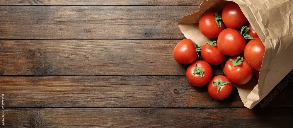 Poster fresh tomatoes in a paper bag on rustic wooden table with ample blank space for text or promotional 