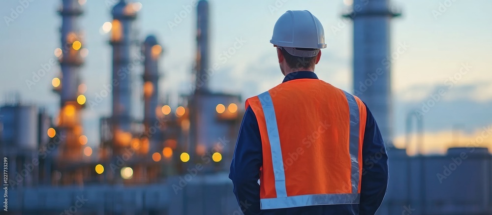 Poster engineer in reflective vest supervising automation equipment with industrial background and space fo