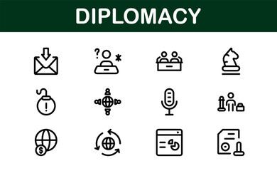 Diplomacy Icons. Professional Vector Illustrations for International Relations, Negotiations, and Global Communication Projects