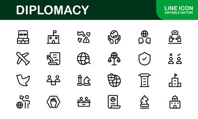Diplomacy Icons. Professional Vector Illustrations for International Relations, Negotiations, and Global Communication Projects