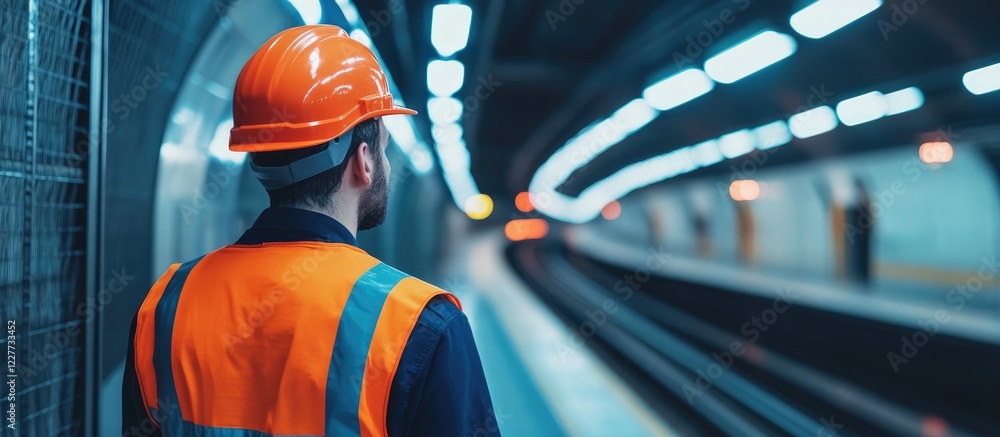 Poster engineer in hardhat at subway station looking at track with empty space for text and motion blur in 