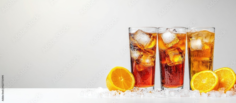 Poster refreshing carbonated cocktails with ice and citrus fruits arranged on a table with empty space for 