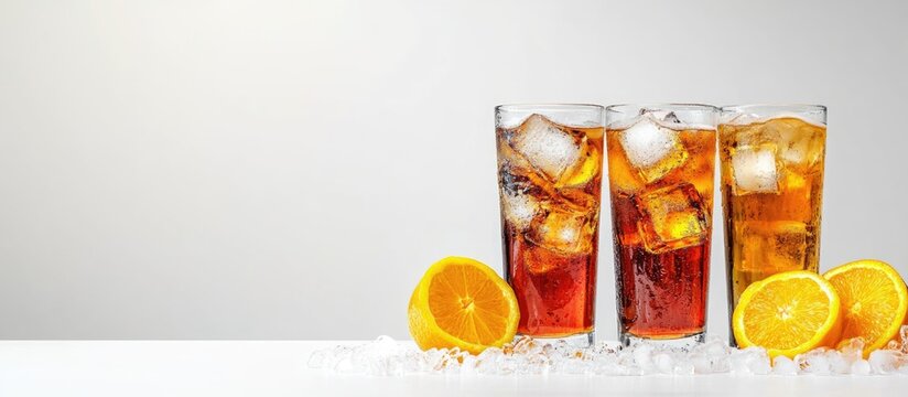 Refreshing carbonated cocktails with ice and citrus fruits arranged on a table with empty space for text or branding purposes