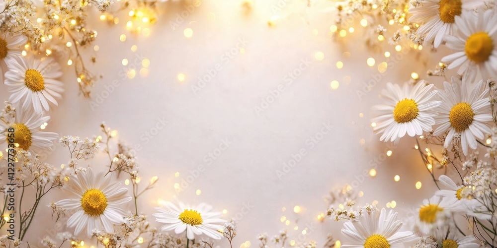 Poster elegant chamomile flower greeting card with sparkling lights and ample empty space for personalized 