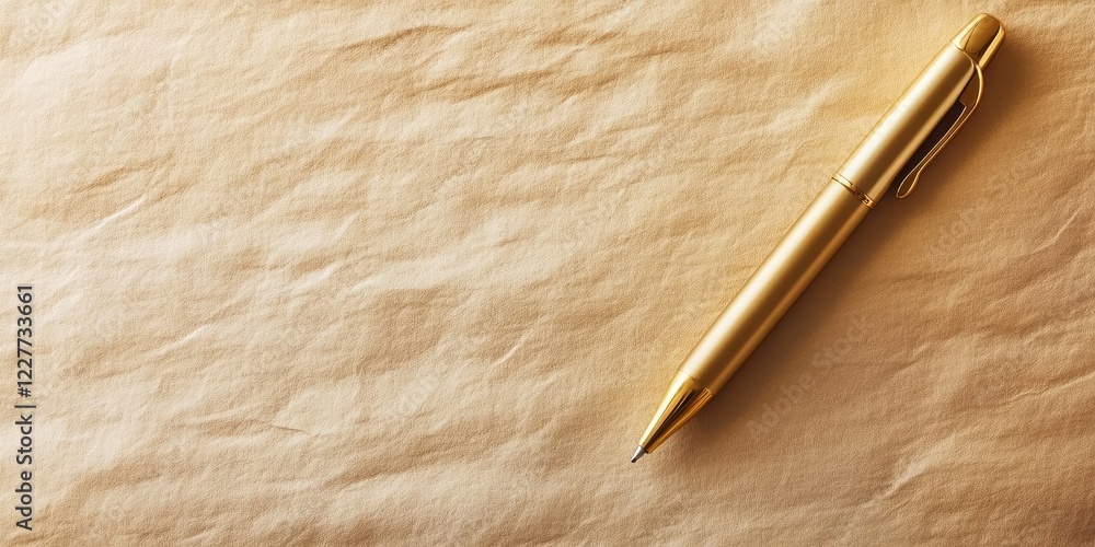 Poster elegant gold pen placed on textured parchment paper designed for creative writing with ample space f