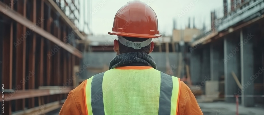 Poster engineer in safety vest and hard hat observing construction site with copy space for text and projec