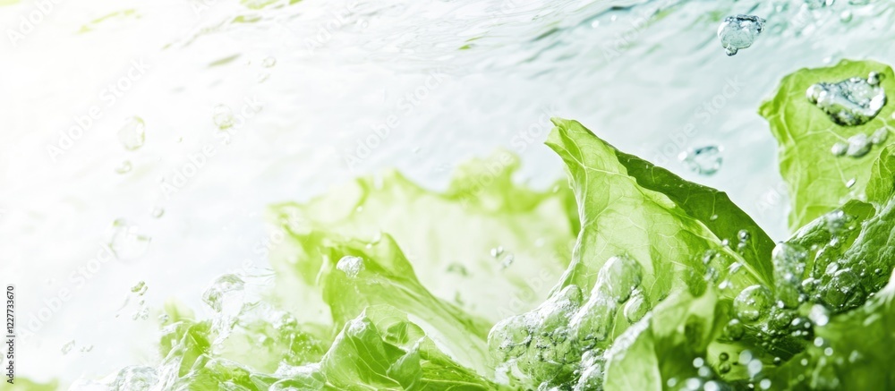 Poster fresh lettuce leaves submerged in clear water creating a refreshing visual with ample empty space fo