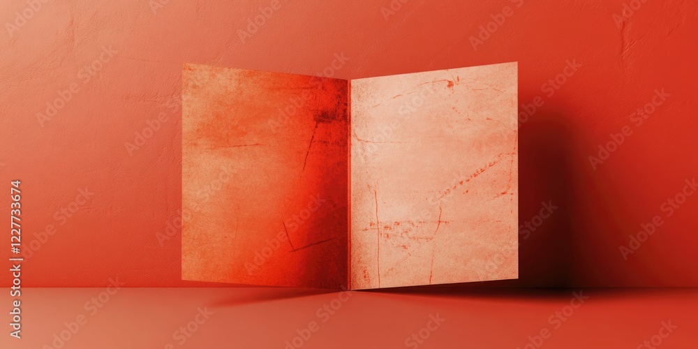 Poster tri-fold brochure mockup on red background featuring scratches and ample copy space for creative tex