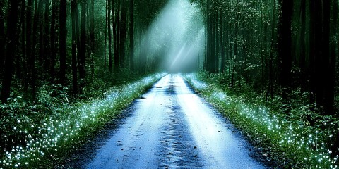 Obraz premium Enchanting Forest Road Mystical Path through Lush Trees with Glowing Flora
